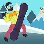 Hahmo laskettelee lumilautailuvarusteissa vuoristomaisemassa värikkäässä graafisessa tyylissä