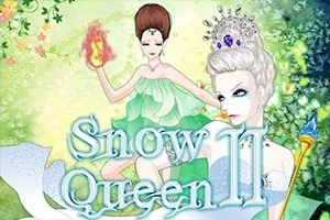 Kaksi hahmoa vihreässä ympäristössä, toinen tulipallon kanssa ja toinen kruunattuna, taustalla teksti Snow Queen II