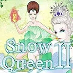 Kaksi hahmoa vihreässä ympäristössä, toinen tulipallon kanssa ja toinen kruunattuna, taustalla teksti Snow Queen II