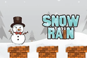 Lumiukko seisoo tiilimuureilla lumisessa maisemassa, ja taustalla näkyy teksti SNOW RAIN