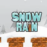 Lumiukko seisoo tiilimuureilla lumisessa maisemassa, ja taustalla näkyy teksti SNOW RAIN