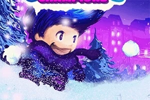 Animoitu hahmo leikkimässä lumessa violetissa talvimaisemassa