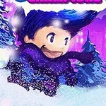 Animoitu hahmo leikkimässä lumessa violetissa talvimaisemassa