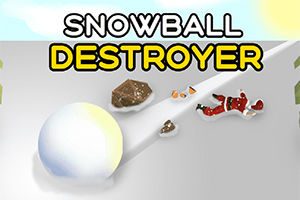 Lumipallo vierii alas mäkeä, ja sen edessä on kaatunut joulupukki ja rikkoutunut reki, taustalla lukee Snowball Destroyer