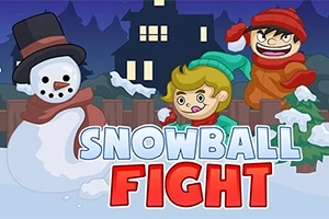 Kaksi lasta lumisotasilla lumisessa puutarhassa, taustalla luminenukko ja talo, tekstinä Snowball Fight