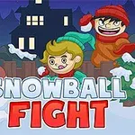 Kaksi lasta lumisotasilla lumisessa puutarhassa, taustalla luminenukko ja talo, tekstinä Snowball Fight