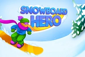 Hahmo lumilautailee värikkäissä vaatteissa lumisessa maisemassa tekstin Snowboard Hero alla