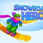 Hahmo lumilautailee värikkäissä vaatteissa lumisessa maisemassa tekstin Snowboard Hero alla