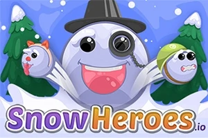 Iso hymyilevä lumipallo, jolla on silinterihattu ja monocle-silmälasi yksisilmä ja iloiset ilmeet, edessä on teksti Snow Heroes
