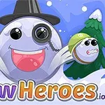 Iso hymyilevä lumipallo, jolla on silinterihattu ja monocle-silmälasi yksisilmä ja iloiset ilmeet, edessä on teksti Snow Heroes