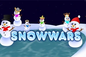 Lumisia lumiukkoja erilaisilla päähineillä järven rannalla tekstin SNOWWARS kanssa