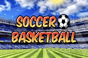 Jalkapallostadion aurinkoisella säällä, taustalla teksti Soccer Basketball ja jalkapallo