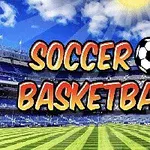 Jalkapallostadion aurinkoisella säällä, taustalla teksti Soccer Basketball ja jalkapallo