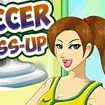 Nuori nainen hymyilee yllään urheiluvaatteet ja taustalla on teksti Soccer Dress-Up