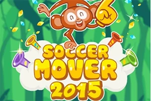 Värikäs piirros apinasta, joka pitelee keltaista vaahtomuovikättä ja tekstiä Soccer Mover 2015 vihreässä taustassa