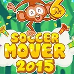 Värikäs piirros apinasta, joka pitelee keltaista vaahtomuovikättä ja tekstiä Soccer Mover 2015 vihreässä taustassa