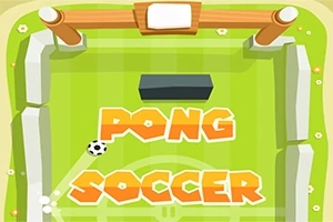Vihreä pelialue, jossa on maalit ylhäällä ja alhaalla, keskellä teksti PONG SOCCER ja jalkapallo