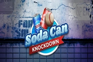 Kaksi soodapurkkia ja baseball-pallo sinistä taustaa vasten, jossa lukee Soda Can Knockdown