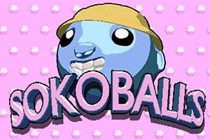 Pinkillä taustalla sininen, hattuinen pallo, jolla on hymyilevät kasvot ja alapuolella teksti Sokoballs