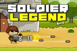 Sarjakuvatyylinen sotilas ampuu aseella linnan edustalla, taustalla vihreää maisemaa ja teksti SOLDIER LEGEND