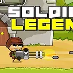Sarjakuvatyylinen sotilas ampuu aseella linnan edustalla, taustalla vihreää maisemaa ja teksti SOLDIER LEGEND