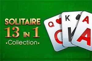 Kolme pelikorttia (kuningatar, kuningas ja ässä) viherpohjalla, teksti Solitaire 13 in 1 Collection