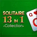 Kolme pelikorttia (kuningatar, kuningas ja ässä) viherpohjalla, teksti Solitaire 13 in 1 Collection