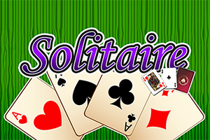 Kortit, joissa on hertta, pata, risti ja ruutu, vihreällä taustalla otsikon Solitaire alla
