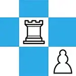 Sinivalkoruudukko, jossa mustavalkoinen torni ja sotilas esitettynä eri ruuduissa