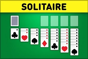 Vihreällä taustalla on rivissä pelikortteja eri maissa ja numeroissa, yläosassa lukee SOLITAIRE
