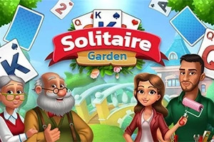 Neljä piirrettyä hahmoa seisoo taustalla, jossa on kortteja ja puutarhaa sekä teksti Solitaire Garden