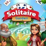 Neljä piirrettyä hahmoa seisoo taustalla, jossa on kortteja ja puutarhaa sekä teksti Solitaire Garden