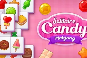 Vaaleanpunaisella taustalla näkyy erilaisia karkkikuvioisia laattoja ja keskellä teksti Solitaire Candy Mahjong