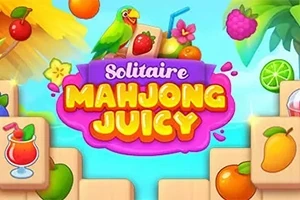 Papukaija istuu hedelmäisten mahjong-palikoiden keskellä, värikkäitä trooppisia hedelmiä ja cocktaileja ympärillään sinistä taustaa vasten