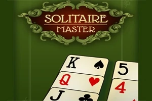 Vihreä tausta, jossa on pelikortteja; ylhäällä koristeellinen otsikko Solitaire Master