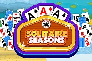 Kuvassa on kortteja, joiden edessä on puinen kyltti, jossa lukee Solitaire Seasons, ja taustalla näkyy ranta ja lampi