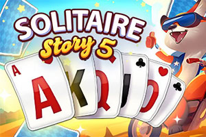 Kuva esittää koiraa aurinkolaseissa hymyilemässä, taustalla pelikortteja ja suuri teksti Solitaire Story 5
