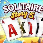 Kuva esittää koiraa aurinkolaseissa hymyilemässä, taustalla pelikortteja ja suuri teksti Solitaire Story 5
