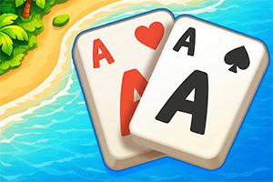 Kaksi ässäkorttia, hertta-ässä ja pata-ässä, sinisen veden ja hiekkarannan taustalla