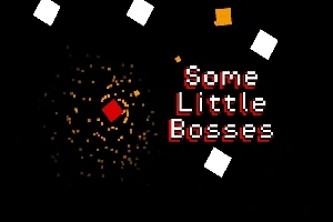 Mustalla taustalla keskellä pyörii punainen ja oranssi neliö, oikealla lukee Some Little Bosses pikselityylisellä fontilla