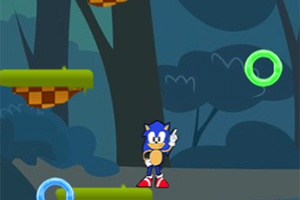 Sonic Jumper Sininen hahmo seisoo metsÀn keskellÀ vihreiden alustojen ympÀröimÀnÀ