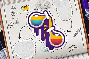 Vihko, jossa on värikkäät aurinkolasitarrat ja ympärillä mustavalkoisia luonnoksia, kuten kruunu, cocktail, jäätelötötterö, tähti, ja pallo
