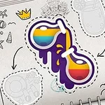 Vihko, jossa on värikkäät aurinkolasitarrat ja ympärillä mustavalkoisia luonnoksia, kuten kruunu, cocktail, jäätelötötterö, tähti, ja pallo