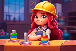 Sort Works: Nuts & Order Punahiuksinen hahmo keltaisessa rakennuskypÀrÀssÀ seisoo puisen pöydÀn ÀÀressÀ vÀrikkÀiden palikoiden edessÀ