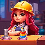 Sort Works: Nuts & Order Punahiuksinen hahmo keltaisessa rakennuskypÀrÀssÀ seisoo puisen pöydÀn ÀÀressÀ vÀrikkÀiden palikoiden edessÀ
