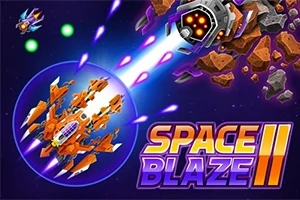 Oranssi avaruusalus taistelee kivestä tehtyä robottia vastaan avaruudessa, ja kuvassa on teksti Space Blaze II