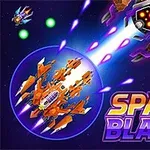 Oranssi avaruusalus taistelee kivestä tehtyä robottia vastaan avaruudessa, ja kuvassa on teksti Space Blaze II