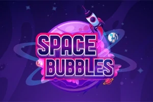 Kuvassa on violetti planeetta, jonka keskellä on teksti SPACE BUBBLES, ja oikealla yläkulmassa on sarjakuvamainen raketti
