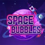 Kuvassa on violetti planeetta, jonka keskellä on teksti SPACE BUBBLES, ja oikealla yläkulmassa on sarjakuvamainen raketti