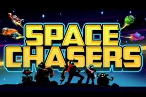 Kuvassa on värikäs avaruusteemainen tausta, jossa on suurikokoiset keltaiset tekstit SPACE CHASERS ja hahmoja siluetteina alapuolella